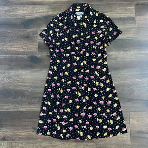 Floral Polka Dot Women’s Y2K Dress Size 10P Black Short Sleeve Clues Collection